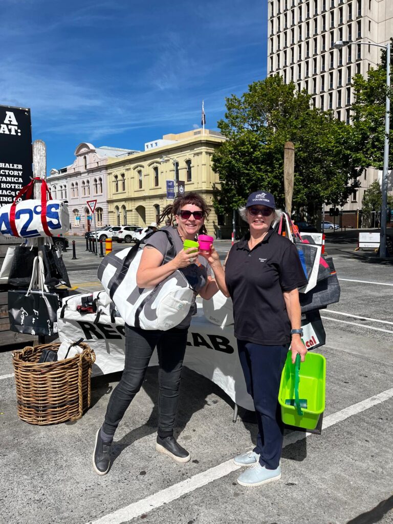7. Involve Local Organizations<br>We collaborated with Recolab, a local Hobart small business that collects sailcloth and creates usable bags. She was there to sell her product and engage with visitors and sailors about reducing sailing associated waste materials, and collect sailcloth from our fleet as well as the fleet from boats in the other Hobart ocean races occurring at the same time. Feedback we received from Lyn, the woman behind the business, was that her time in our village was her best for sales in a single day since starting her business, we were delighted to have supported this. She not only attracts visitors and customers from our event, but also from those attending the Sydney to Hobart event too. 
