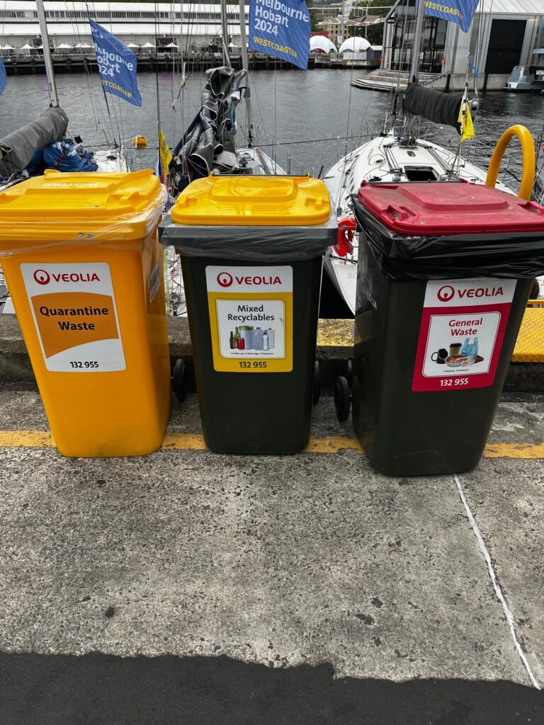 11. Ensure Proper Waste Bin Placement and Signage<br>General waste and recycling bins were placed throughout the event with clear signage on what items are permitted in each. Proper sorting and disposal was also discussed with skippers in the sustainability bulletin in the pre race briefing. 