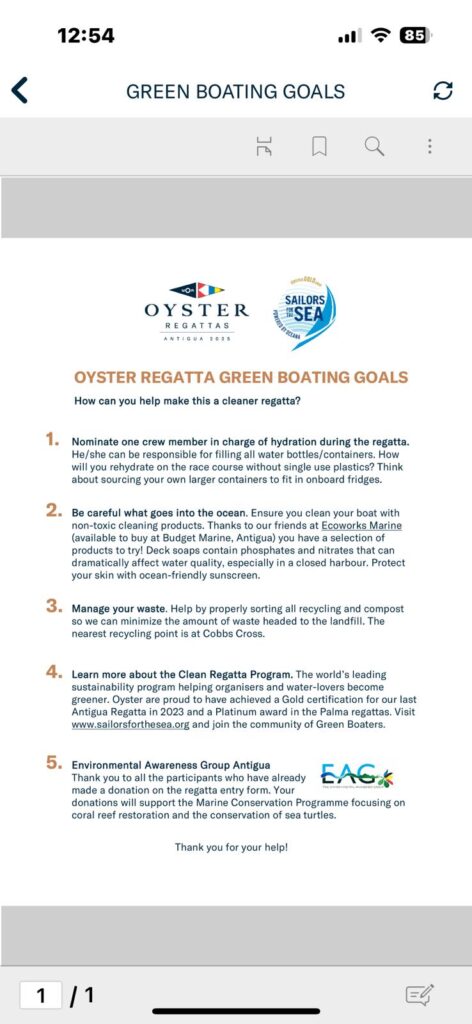 8. Post Educational and Reusable Signage<br>All educational signage was posted electronically to help aid our ‘paperless’ approach this year. 
The Regatta Green Boating Goals and Clean Regatta information were shared on the Oyster app. 
