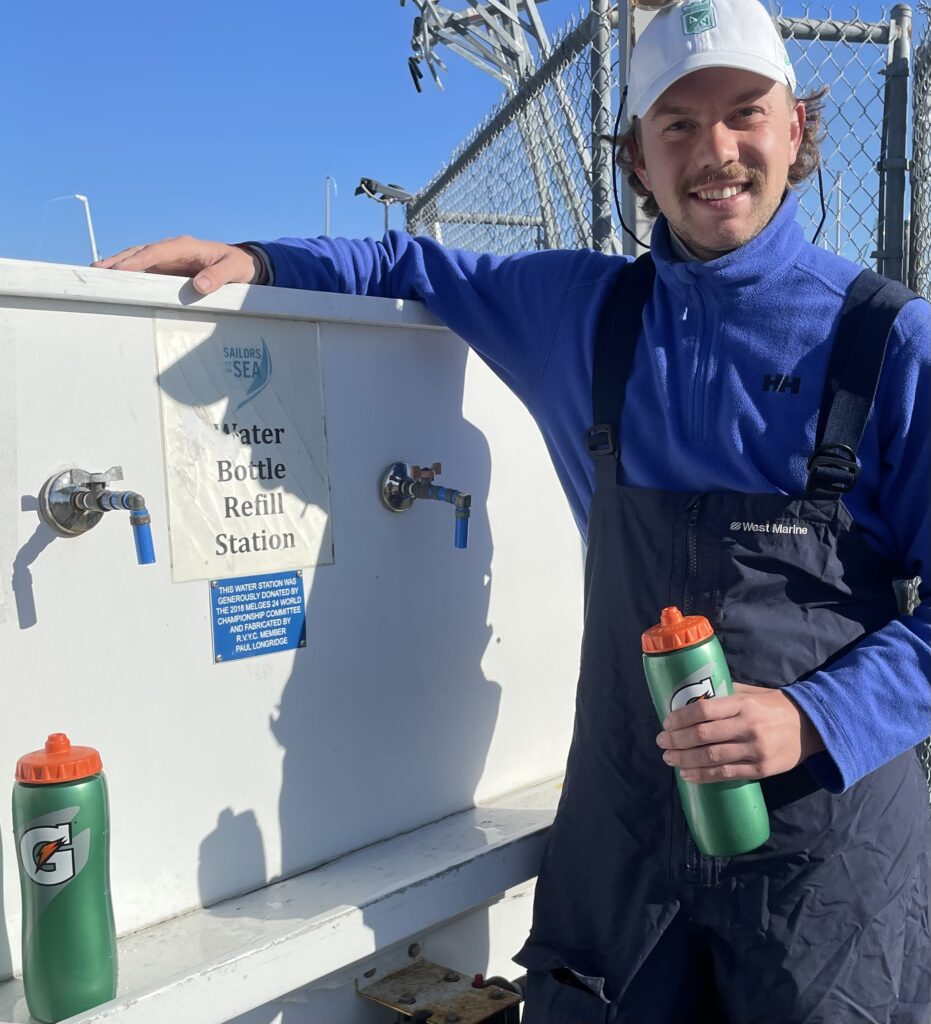 1. Eliminate Single-Use Water Bottles and Provide Water Refill Stations<br>This water bottle refill station was built by a generous club member for the Melges 2018 Worlds, and is still used today at our club. 