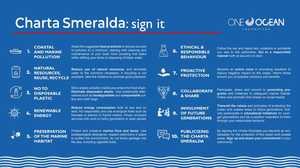 20. Inspire Future Action<br>The Charta Smeralda is an ethical code that guides people and organizations toward actions that help to protect the environment. The YCCS is committed to follow its principles and sharing them with the public.