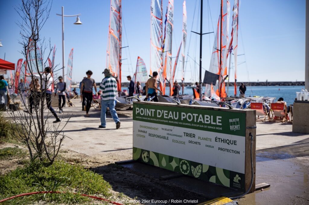 1. Eliminate Single-Use Water Bottles and Provide Water Refill Stations<br>1 - During the EuroCup, we did not provide or sell any single-use plastic water bottles. Sailors, coaches and volunteers were encouraged to bring their own reusable bottles. Reusable cups were also made available when needed.
At the refreshment area, we limited plastic bottle use by serving all drinks exclusively in bulk and by the glass.
