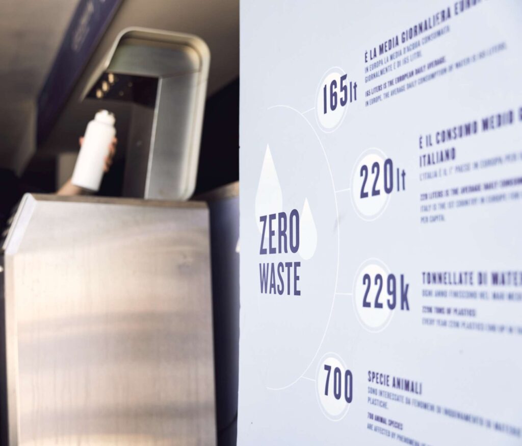 8. Post Educational and Reusable Signage<br>Bins and information on how to differentiate have been placed in the media room and media centre, each with a sign clearly indicating what type of waste should be put in them.
Next to the drinking water fountain is a noticeboard displaying statistics that prompt reflection on sustainability: the average number of litres of water consumed per day in Europe, the average daily consumption in Italy, the tonnes of plastic that end up in the Mediterranean Sea every year, and the number of animal species affected by pollution.