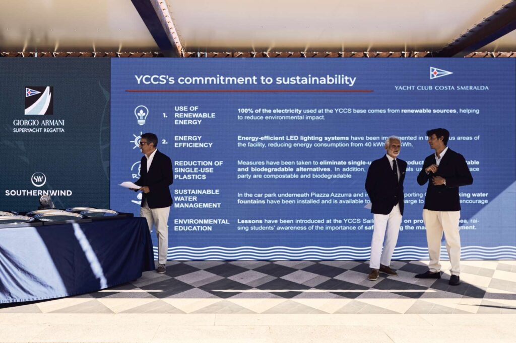 20. Inspire Future Action<br>The official event documents state that the regatta is organised following the principles of the Charta Smeralda, an ethical code established by One Ocean Foundation, and that part of the event’s mission is to raise awareness among participants on the urgent environmental issues affecting the oceans.
In addition, these principles were promoted on the LED wall in Piazza Azzurra during the event, helping to reinforce the message among owners, crews, guests and visitors. This visibility is intended to inspire more responsible behaviours during the regatta and encourage participants to carry this awareness into future sailing activities.