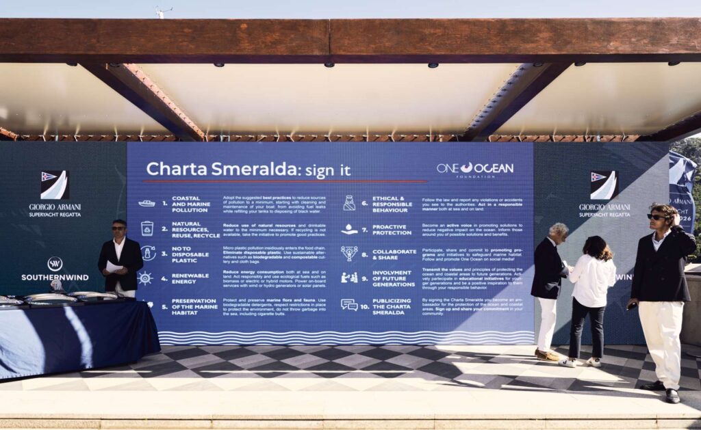 6. Publicize Your Sustainability Efforts<br>YCCS official website features a ‘Sustainability’ section which explains YCCS’s commitment to sustainability and include the Charta Smeralda, the code of ethics.
During the event, the Charta Smeralda, the 4R (a content promoted in accordance with the local organisation) and the Sustainability efforts made by YCCS were shown on the ledwall in the regatta village.
Point 1.8 of the Notice of Race also refers to sustainability, urging participants to respect the environment and to practise the sport of sailing whilst minimising its impact