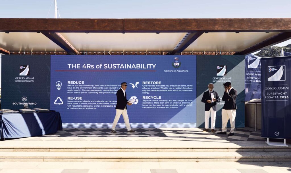 6. Publicize Your Sustainability Efforts<br>YCCS official website features a ‘Sustainability’ section which explains YCCS’s commitment to sustainability and include the Charta Smeralda, the code of ethics.
During the event, the Charta Smeralda, the 4R (a content promoted in accordance with the local organisation) and the Sustainability efforts made by YCCS were shown on the ledwall in the regatta village.
Point 1.8 of the Notice of Race also refers to sustainability, urging participants to respect the environment and to practise the sport of sailing whilst minimising its impact