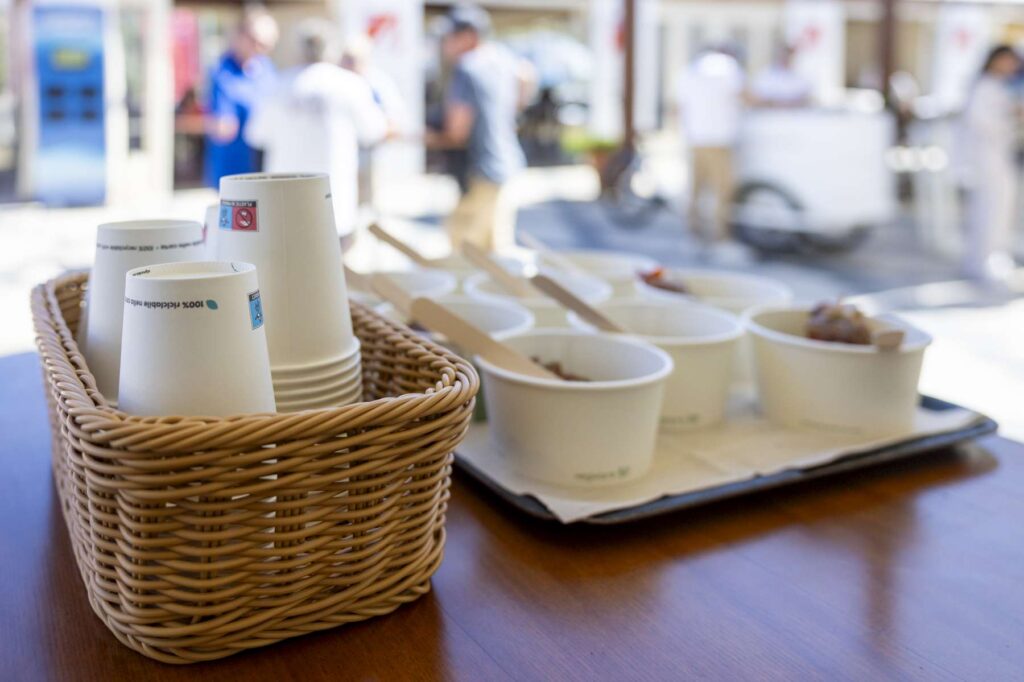 3. Serve Food with Plastic-Free Dinnerware<br>After-race refreshments were served using biodegradable alternatives, including cellulose pulp pates, paper cups an wooden cutlery as per pics attached.
At social events inside the YCCS, food and drinks were served on ceramic plates, in glass cups and with metal cutlery.