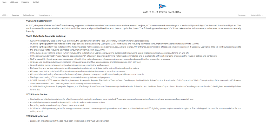 6. Publicize Your Sustainability Efforts<br>YCCS official website features a ‘Sustainability’ section which explains YCCS’s commitment to sustainability and include the Charta Smeralda, the code of ethics.
During the event, the Charta Smeralda, the 4R (a content promoted in accordance with the local organisation) and the Sustainability efforts made by YCCS were shown on the ledwall in the regatta village.
Point 1.8 of the Notice of Race also refers to sustainability, urging participants to respect the environment and to practise the sport of sailing whilst minimising its impact