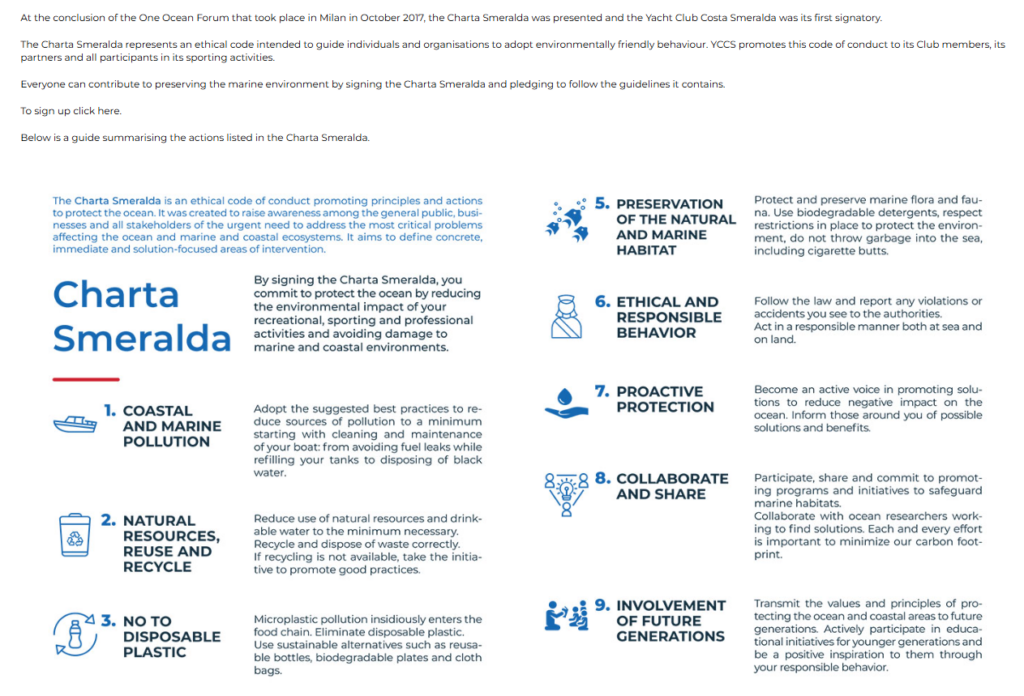 6. Publicize Your Sustainability Efforts<br>YCCS official website features a ‘Sustainability’ section which explains YCCS’s commitment to sustainability and include the Charta Smeralda, the code of ethics.
During the event, the Charta Smeralda, the 4R (a content promoted in accordance with the local organisation) and the Sustainability efforts made by YCCS were shown on the ledwall in the regatta village.
Point 1.8 of the Notice of Race also refers to sustainability, urging participants to respect the environment and to practise the sport of sailing whilst minimising its impact