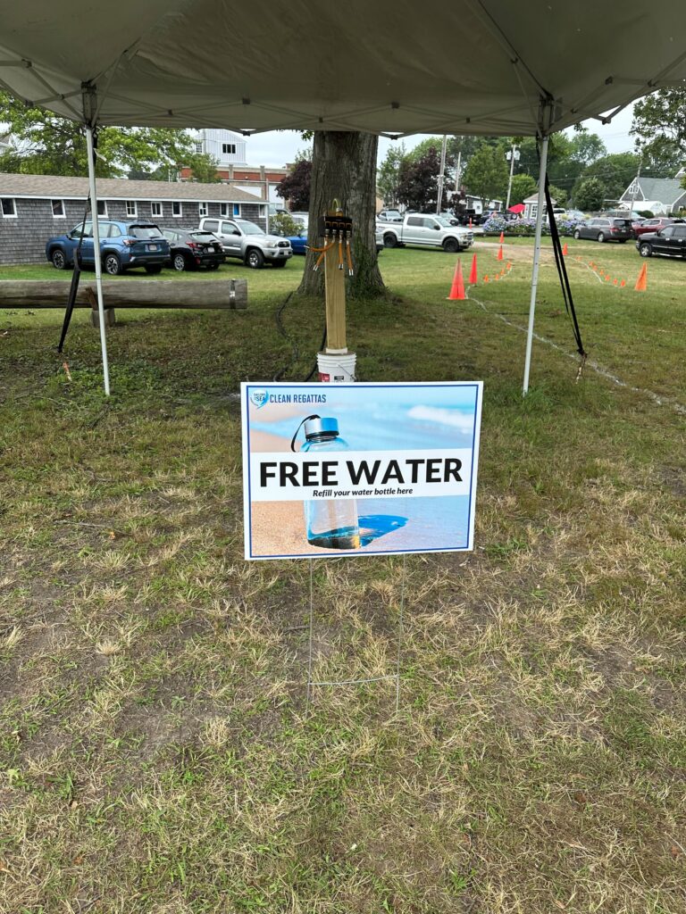 1. Eliminate Single-Use Water Bottles and Provide Water Refill Stations<br>1. We asked that competitors and coaches bring their own water bottles and fill them at the water stations provided. (Photo 1 - 0981 & photo 2 - 0981)

2. There were no plastic straws provided at the event and I asked the bars to resist giving them automatically with adult drinks.

3. Food was served on and in compostable dishes with compostable 