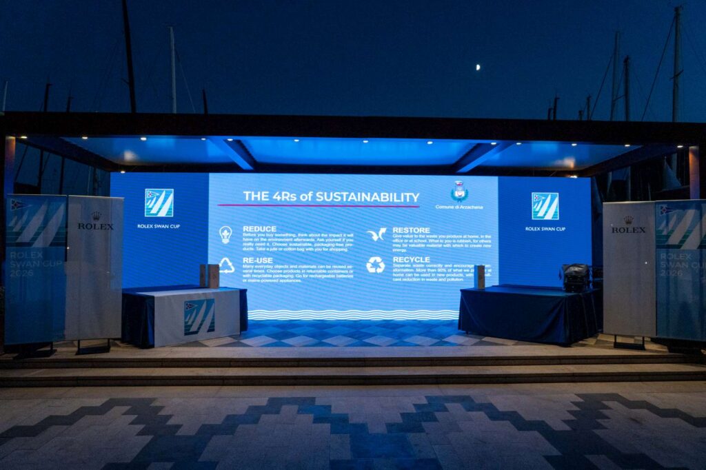 7. Involve Local Organizations<br>The principles of the 4Rs (Reduce, Reuse, Recycle and Recover), promoted in collaboration with the Municipality of Arzachena, were highlighted throughout the event as part of the sustainability awareness activities. Information and visual content displayed on the Ledwall in Piazza Azzurra.