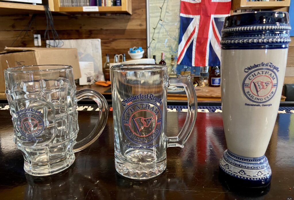 5. Award Practical Items or Use a Perpetual or Upcycled Trophy<br>We started the trend years ago using practical awards, influencing all the other clubs in our region!  For this particular regatta there is no perpetual award. This year we have glass mugs and steins.