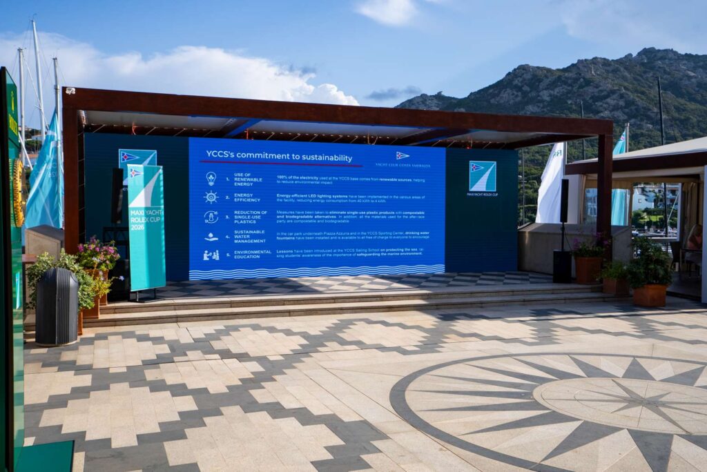 20. Inspire Future Action<br>Environmental awareness was integrated into several aspects of the event. Sustainability principles inspired by the Charta Smeralda were communicated through the official event documents and reinforced through visual content displayed on the LED wall in Piazza Azzurra, reaching both participants and visitors. The commitment to reducing environmental impact was also promoted at the drinking water fountain, where the message “Be the Wave of Change” encouraged simple everyday actions such as refilling reusable bottles and reducing reliance on single-use plastics.