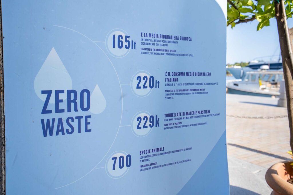 8. Post Educational and Reusable Signage<br>In the regatta village and throughout the YCCS, waste collection bins were clearly labelled to encourage proper waste separation, with signage indicating the type of waste to be disposed of in each bin. In addition, a noticeboard located next to the drinking water fountain displayed statistics on water consumption and plastic pollution, encouraging greater awareness of sustainability issues among participants and visitors.