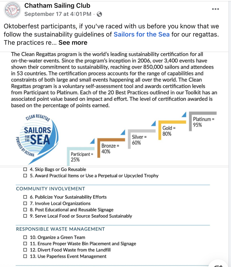 6. Publicize Your Sustainability Efforts<br>We publicize via 3 FB pages linked to our club and sailing, GroupMe and email. 