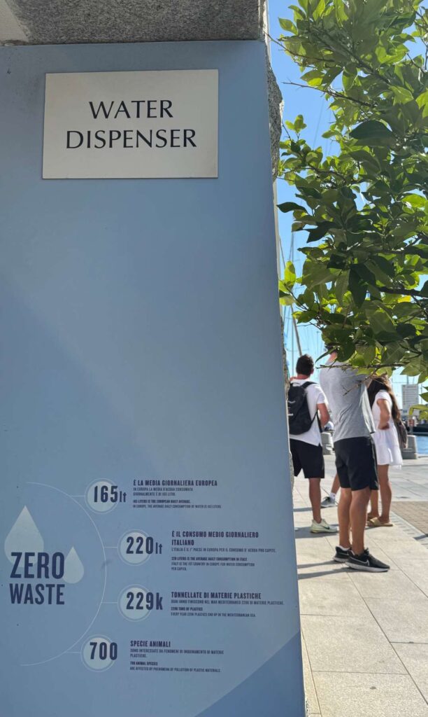 8. Post Educational and Reusable Signage<br>Waste separation was facilitated through clearly labelled collection bins positioned across the regatta village and YCCS. In addition, educational content on water consumption and plastic pollution was displayed next to the drinking water fountain, helping to promote greater awareness of sustainability-related issues among participants and visitors.